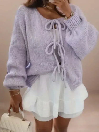 Women’s Cardigan – Wool Knit – Oversized Fit – Balloon Sleeves – Tie Front Boho Style