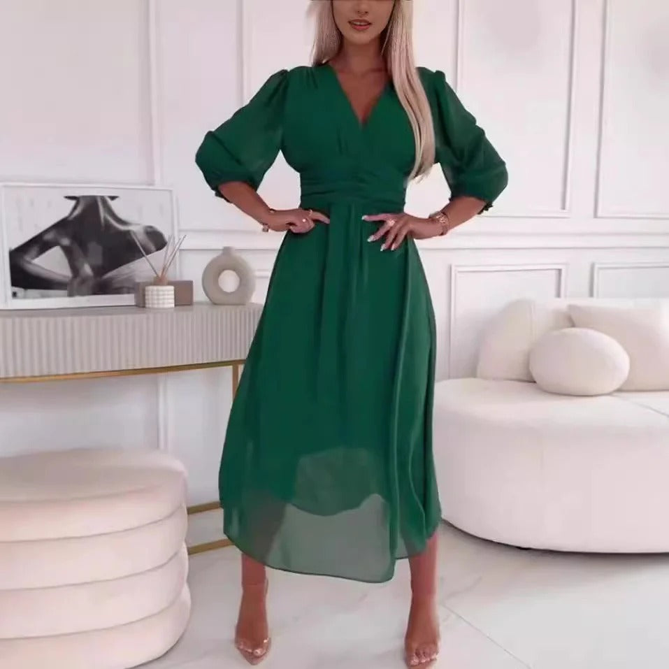 Women’s Maxi Dress – V-Neck – Long Sleeve – Draped Skirt – Silk Feel