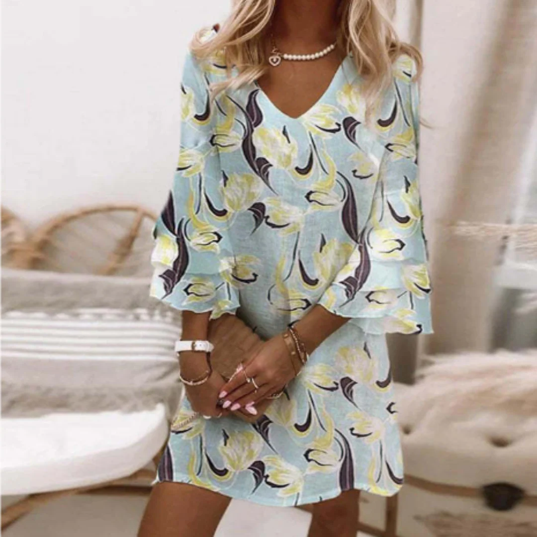 Women’s Mini Dress – Relaxed Fit – V-Neck – Flared Three-Quarter Sleeve – Breathable Blend