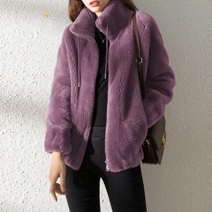 Women’s Fleece Jacket – Oversized Relaxed Fit – Reversible – Zip Front – High Collar