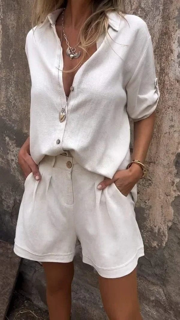 Women’s Blouse and Shorts Set – Relaxed Fit – Cotton Linen – Button-Up Shirt – Elastic Waist
