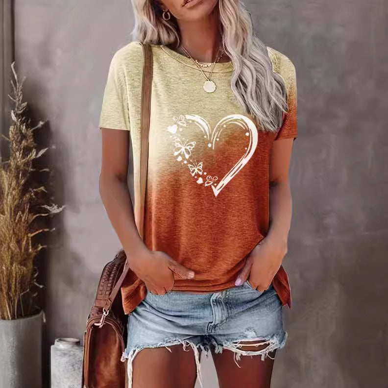 Women’s T-shirt – Oversized Fit – Cotton Blend – Heart and Butterfly Print – Round Neck