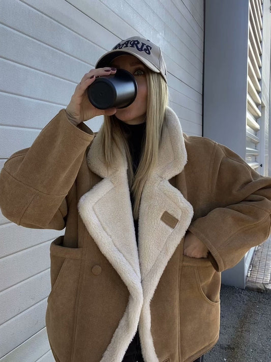Women’s Coat – Oversized Loose Fit – Fleece Lined – Suede Look – Mid Hip Length