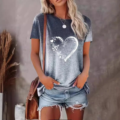 Women’s T-shirt – Oversized Fit – Cotton Blend – Heart and Butterfly Print – Round Neck