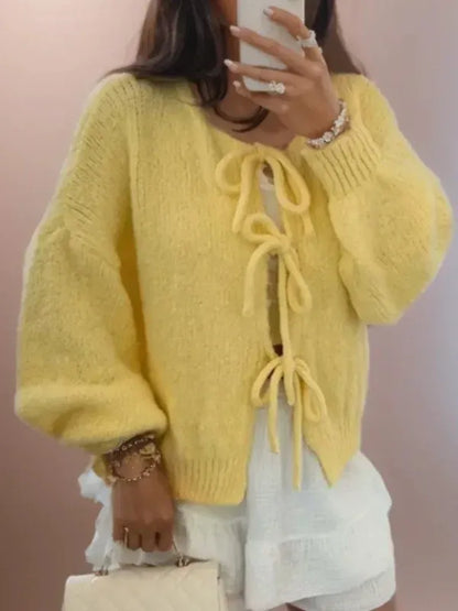 Women’s Cardigan – Wool Knit – Oversized Fit – Balloon Sleeves – Tie Front Boho Style