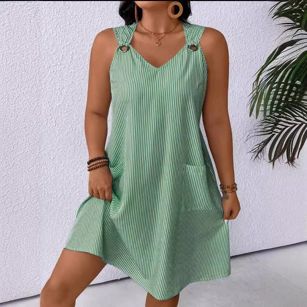 Women’s A-Line Dress – V-Neck – Knee Length – Stripe – Pockets