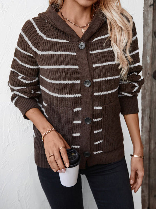 Women’s Hooded Cardigan Sweater – Relaxed Fit – Knit – Ribbed – Striped – Button Front