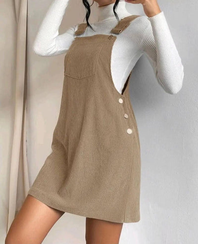 Women’s Midi Dress – Corduroy Ribbed Texture – Relaxed Fit – Adjustable Straps – Pocket