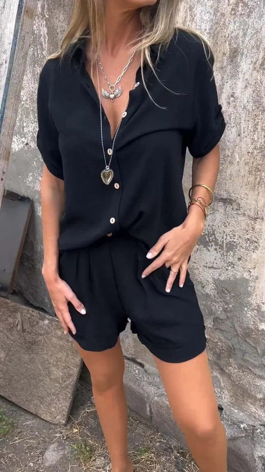 Women’s Blouse and Shorts Set – Relaxed Fit – Cotton Linen – Button-Up Shirt – Elastic Waist