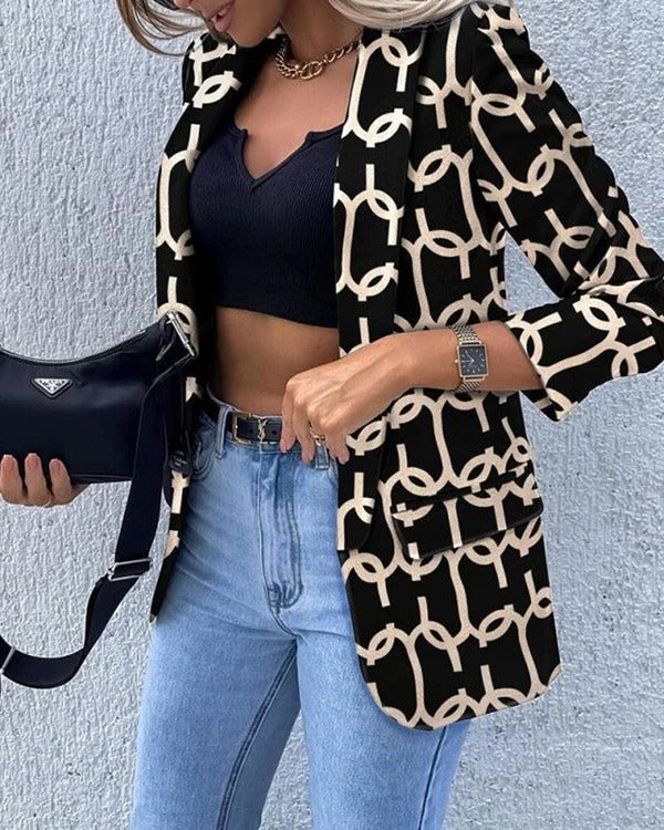 Women’s Blazer – Slim Fit – Graphic Pattern – Long Sleeve – Hip Length – Tailored Style