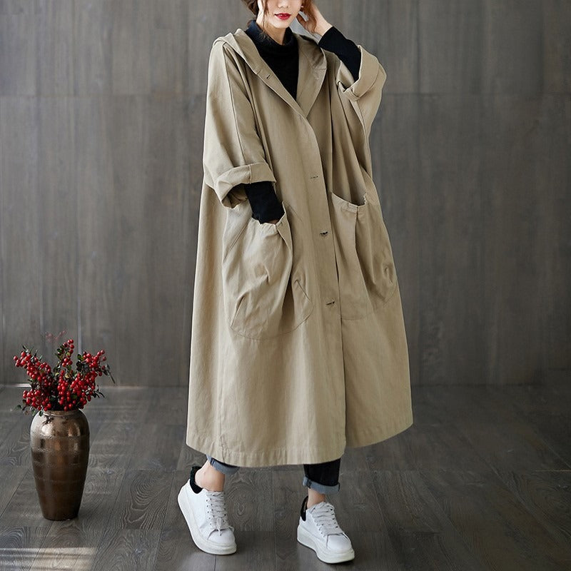Women’s Trench Coat – Oversized Fit – Water-Repellent – Hooded – Longline Casual Style