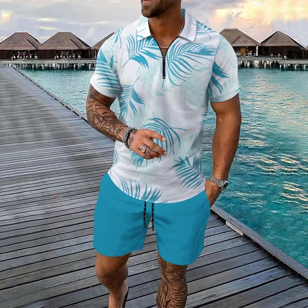 Men’s Polo Shirt and Short Set – Slim Fit – Zip Neck – Tropical Print