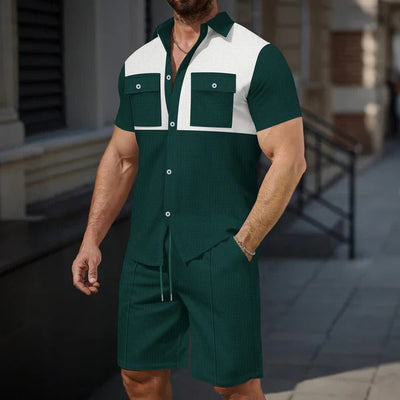 Men's Shorts Casual Set – Short-Sleeve Shirt – Cotton – Regular Fit – Chest Pockets – Contrast Detail