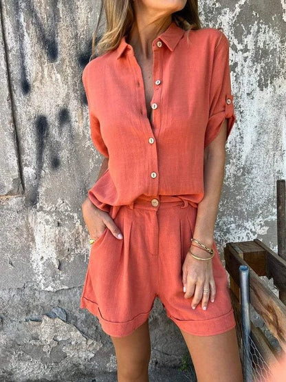 Women’s Blouse and Shorts Set – Relaxed Fit – Cotton Linen – Button-Up Shirt – Elastic Waist