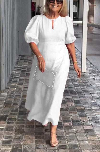 Women’s Maxi Dress – Flowing Fit – Puff Sleeves – Lightweight Draped Fabric – Keyhole Neck