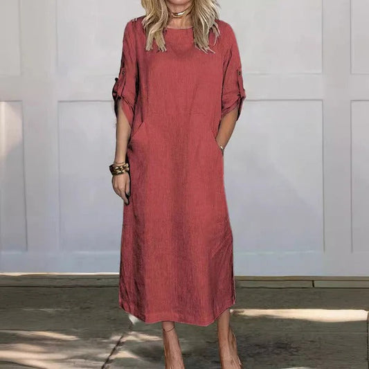 Women’s Maxi Dress – Relaxed Fit – Linen Feel – Roll-Up Sleeves – Side Pockets