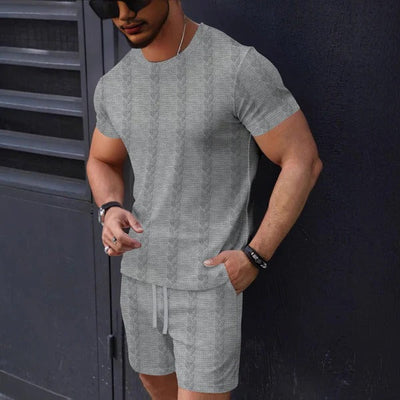 Men’s T-Shirt and Shorts Set – Textured Knit – Regular Fit – Crew Neck – Drawstring Waist