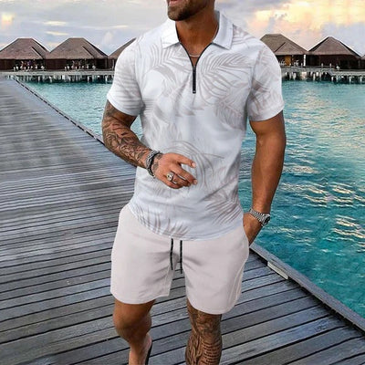 Men’s Polo Shirt and Short Set – Slim Fit – Zip Neck – Tropical Print