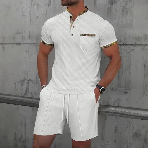 Men’s Casual Set – Slim Fit – Cotton – Button Placket – Patterned Trim – Drawstring Shorts