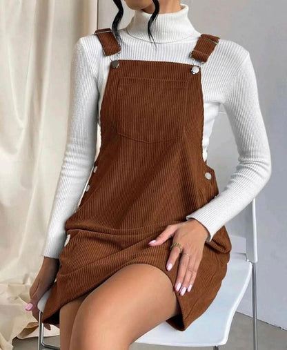 Women’s Midi Dress – Corduroy Ribbed Texture – Relaxed Fit – Adjustable Straps – Pocket