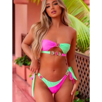 Women’s Bikini Set – Strapless Halter Top – High Cut – Ruched with Crystal Detail