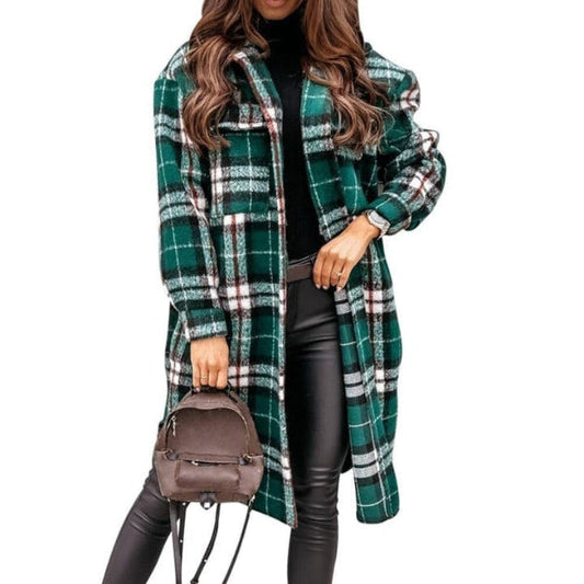 Women’s Checkered Jacket – Oversized Fit – Wool Blend – Knee Length – Button Front