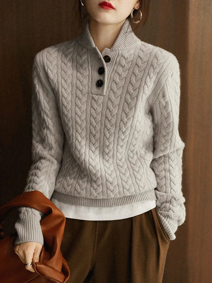 Women’s Sweatshirt – Relaxed Fit – Wool Knit – Cable Pattern – Half-Zip Stand Collar
