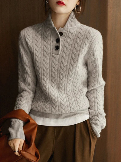 Women’s Sweatshirt – Relaxed Fit – Wool Knit – Cable Pattern – Half-Zip Stand Collar