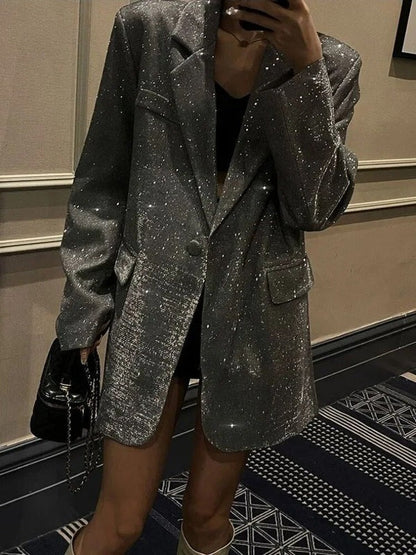 Women’s Blazer – Oversized Fit – Glitter Woven Texture – Structured Shoulders – Long Length