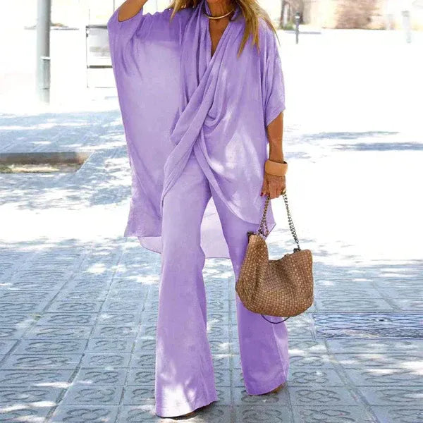 Women’s Two-Piece Set – Draped Top – Wide-Leg Trousers – Relaxed Fit – Cotton