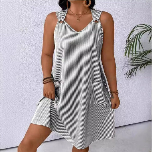 Women’s A-Line Dress – V-Neck – Knee Length – Stripe – Pockets
