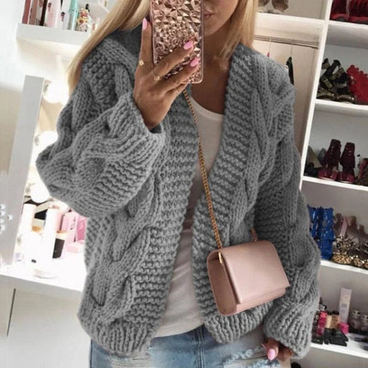 Women’s Cardigan – Wool Knit – Chunky Cable Pattern – Open Front – Long Sleeve Relaxed Fit