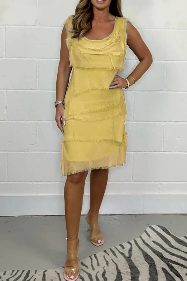 Women’s Sleeveless Dress – Chiffon – Tiered Fringe – Relaxed Fit – Knee Length