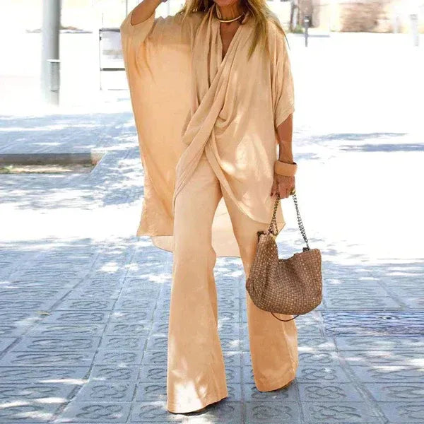 Women’s Two-Piece Set – Draped Top – Wide-Leg Trousers – Relaxed Fit – Cotton