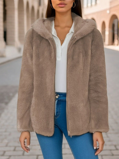 Women’s Zip-Up Jacket – Faux Fur – Sherpa Lined – Hooded – Relaxed Fit