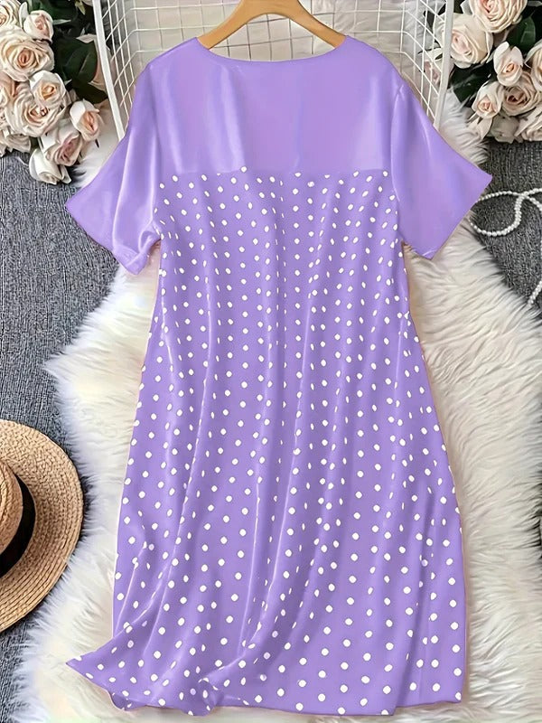 Women’s A-line Dress – Polka Dot – Lightweight Breathable Fabric – Knee Length – Short Sleeve
