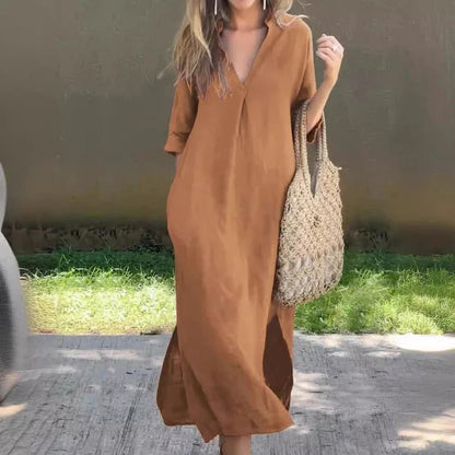 Women’s Maxi Dress – Relaxed Fit – V-Neck – Half Sleeve – Cotton