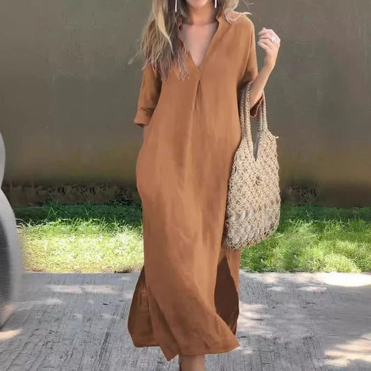 Women’s Maxi Dress – Relaxed Fit – V-Neck – Half Sleeve – Cotton