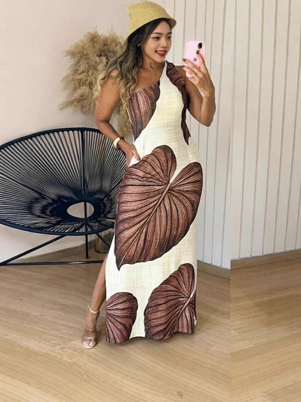 Women’s Maxi Dress – Slim Fit – Cotton Blend – Sleeveless – Leaf Print – Side Slit