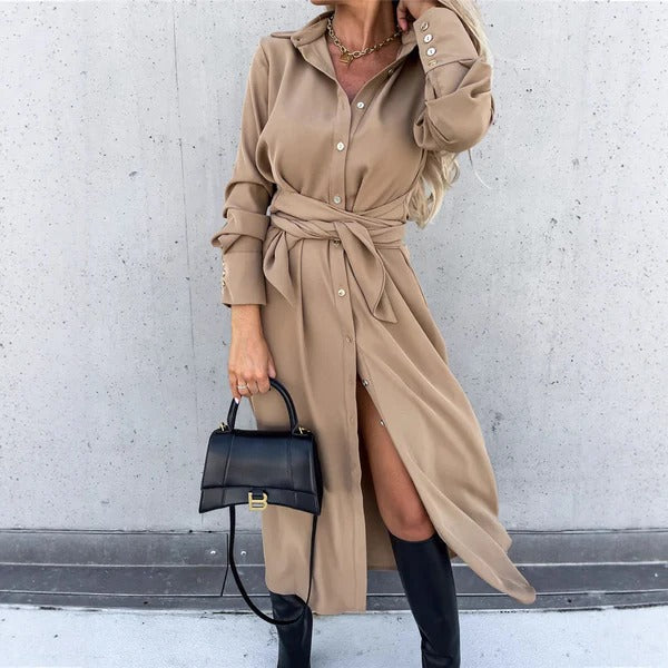 Women’s Shirtdress – Button-Down Front – Soft Drape – Waist Tie – Midi Length
