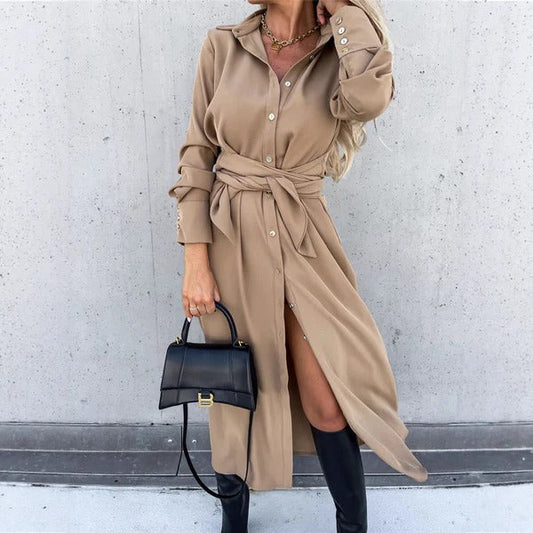 Women’s Shirtdress – Button-Down Front – Soft Drape – Waist Tie – Midi Length