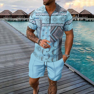 Men’s Casual Set – Slim Fit Zip Polo Shirt & Shorts – Digital Print