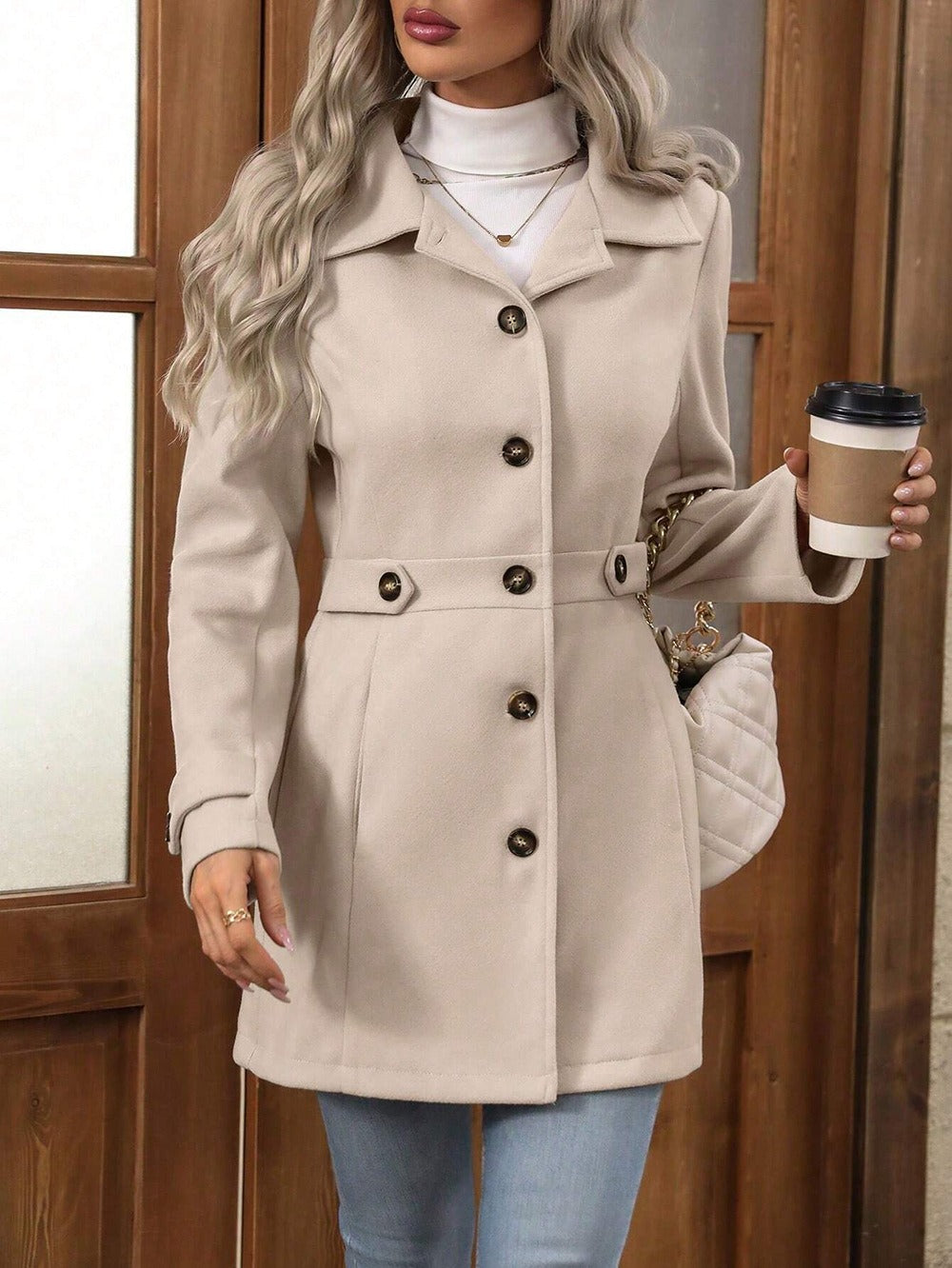 Women’s Wool Coat – Slim Fit – Lapel Collar – Button Front – Tailored Silhouette