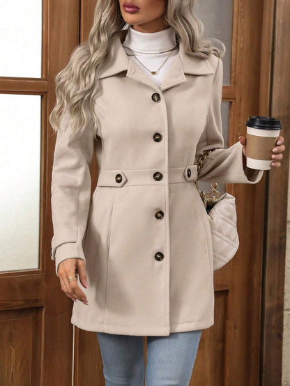 Women’s Wool Coat – Slim Fit – Lapel Collar – Button Front – Tailored Silhouette