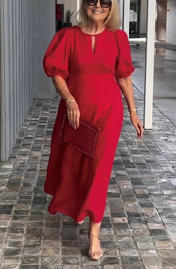 Women’s Maxi Dress – Flowing Fit – Puff Sleeves – Lightweight Draped Fabric – Keyhole Neck