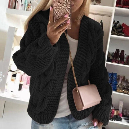 Women’s Cardigan – Wool Knit – Chunky Cable Pattern – Open Front – Long Sleeve Relaxed Fit