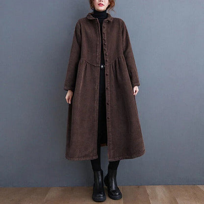 Women’s Corduroy Coat – Oversized Fit – Button Down – Calf Length – Ribbed Texture