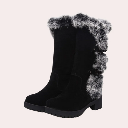 Women’s Knee-High Boots – Suede Touch – Faux Fur Trim – Lug Sole – Buckle Detail