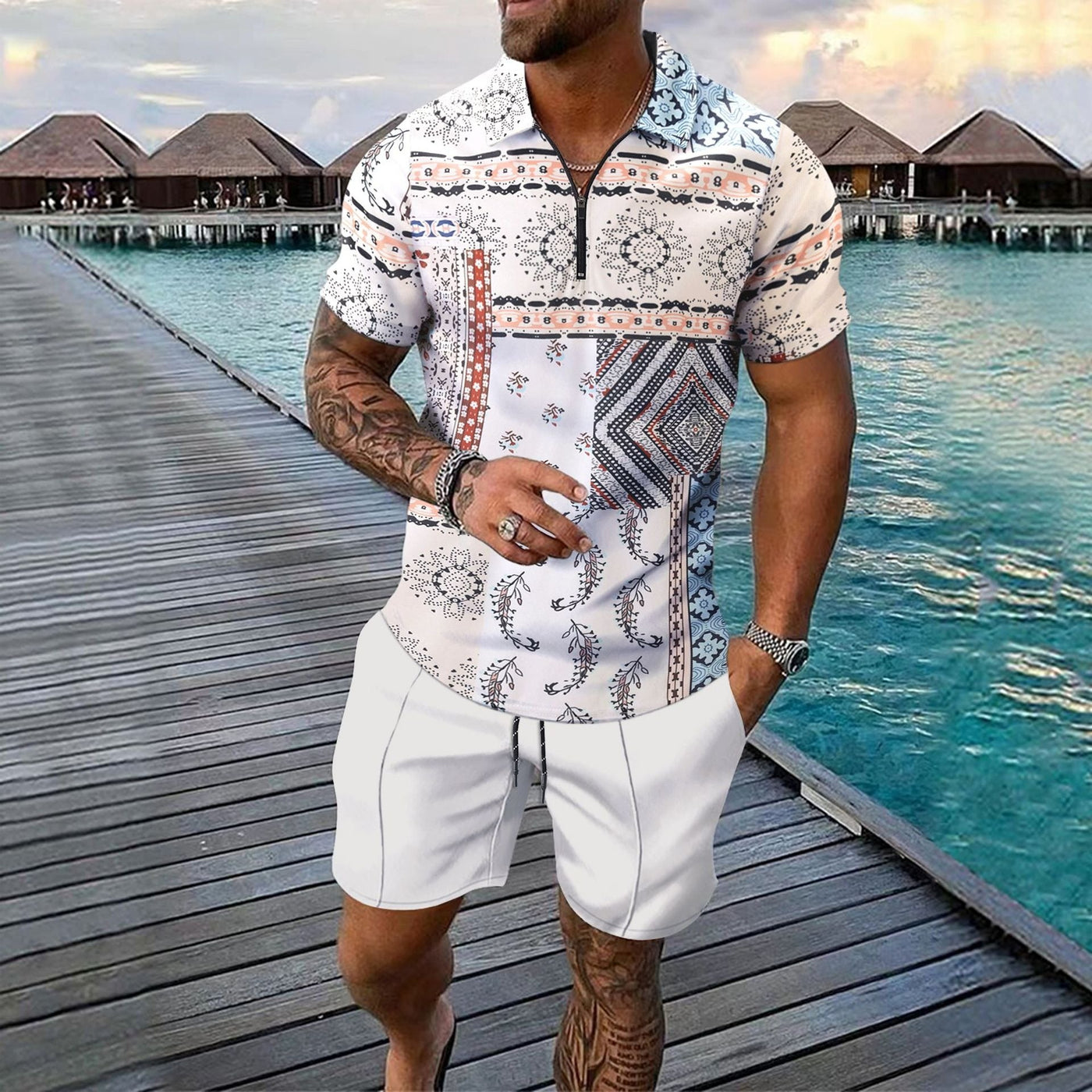 Men’s Casual Set – Slim Fit Zip Polo Shirt & Shorts – Digital Print