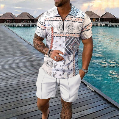 Men’s Casual Set – Slim Fit Zip Polo Shirt & Shorts – Digital Print